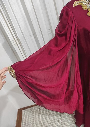 Bordo Uzun Kollu Nakışlı taşlı Kadın kına elbisesi - Görsel 5