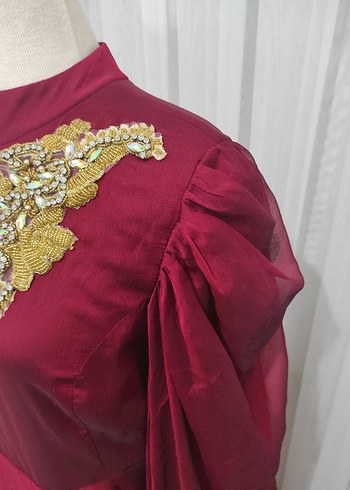 Bordo Uzun Kollu Nakışlı taşlı Kadın kına elbisesi - Görsel 8