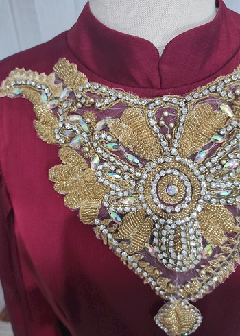 Bordo Uzun Kollu Nakışlı taşlı Kadın kına elbisesi - Görsel 9