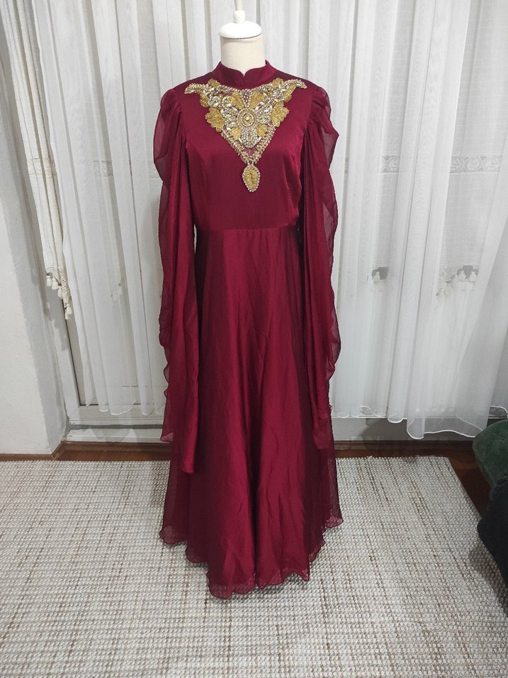 Bordo Uzun Kollu Nakışlı taşlı Kadın kına elbisesi - Görsel 2