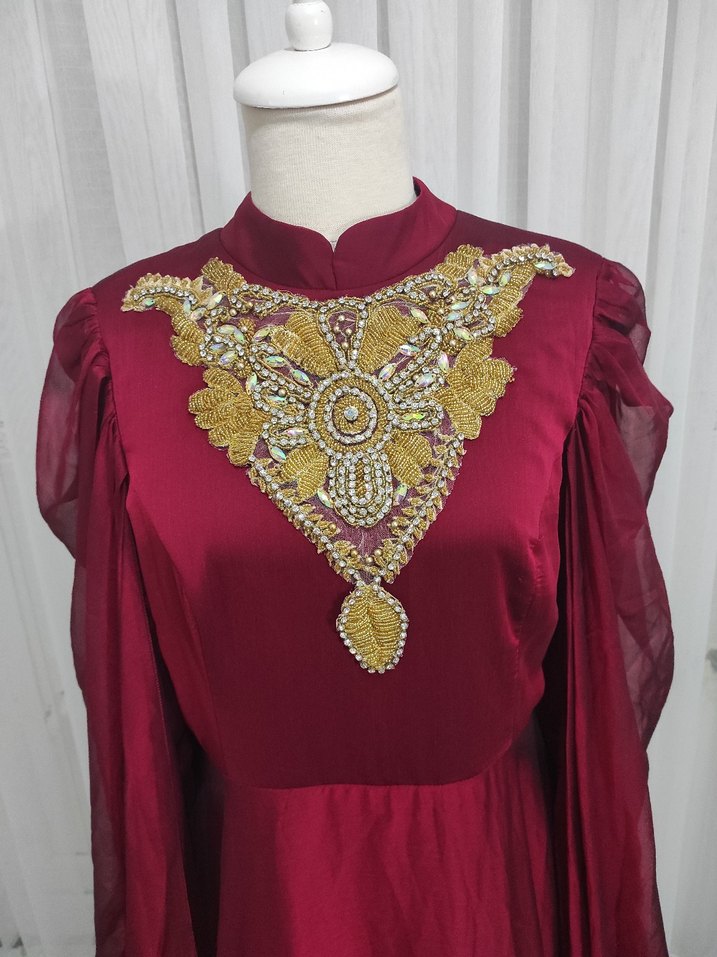 Bordo Uzun Kollu Nakışlı taşlı Kadın kına elbisesi - Görsel 3