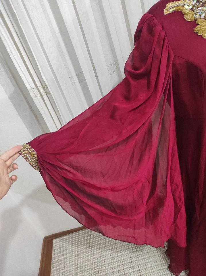 Bordo Uzun Kollu Nakışlı taşlı Kadın kına elbisesi - Görsel 5