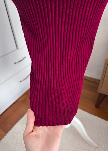 Bordo V Yaka Uzun Kollu Triko Elbise - Görsel 8