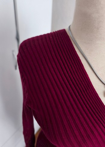 Bordo V Yaka Uzun Kollu Triko Elbise - Görsel 4