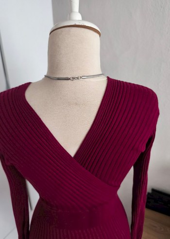 Bordo V Yaka Uzun Kollu Triko Elbise - Görsel 7