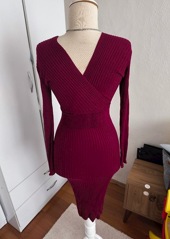 Bordo V Yaka Uzun Kollu Triko Elbise - Görsel 6