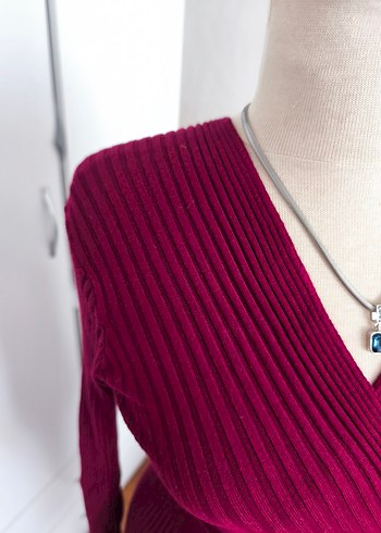 Bordo V Yaka Uzun Kollu Triko Elbise - Görsel 5