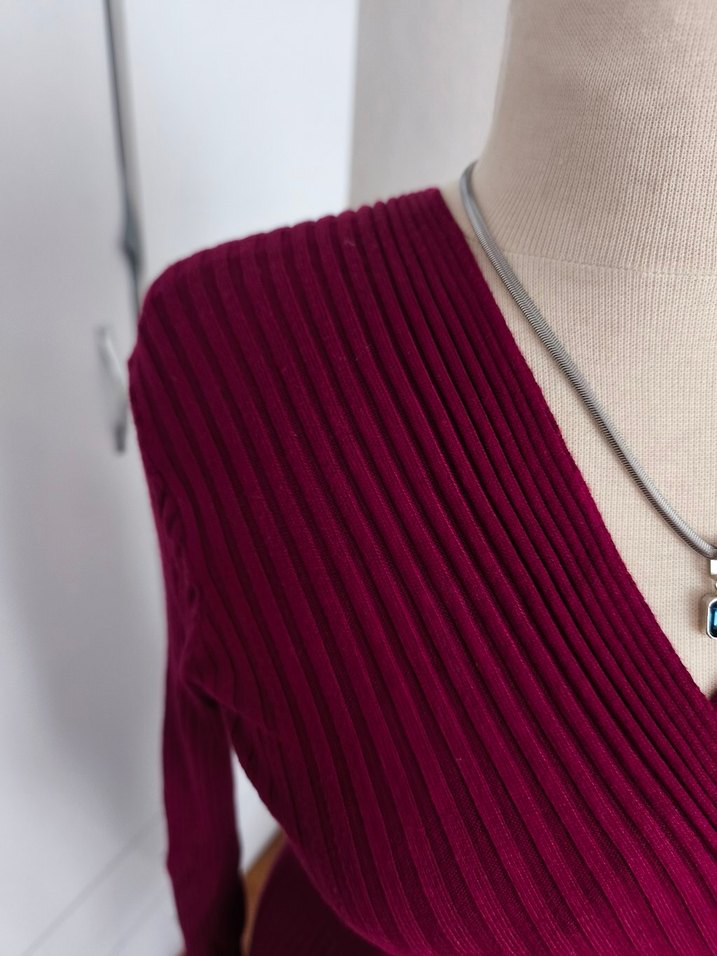 Bordo V Yaka Uzun Kollu Triko Elbise - Görsel 4