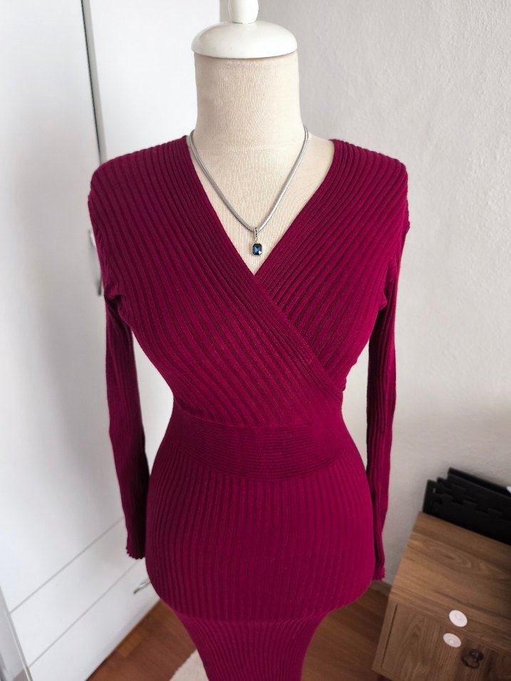 Bordo V Yaka Uzun Kollu Triko Elbise - Görsel 2