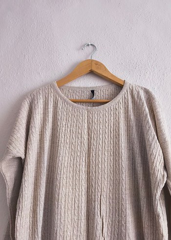 örgü desenli Bej Uzun Kollu Triko Kadın Elbise - Görsel 3