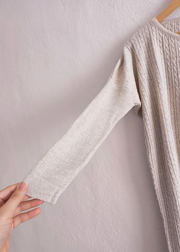 örgü desenli Bej Uzun Kollu Triko Kadın Elbise - Görsel 7