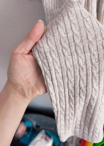 örgü desenli Bej Uzun Kollu Triko Kadın Elbise - Görsel 5