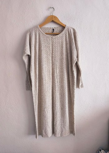 örgü desenli Bej Uzun Kollu Triko Kadın Elbise - Görsel 2