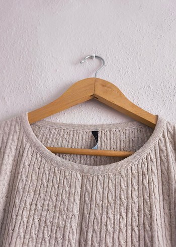 örgü desenli Bej Uzun Kollu Triko Kadın Elbise - Görsel 4