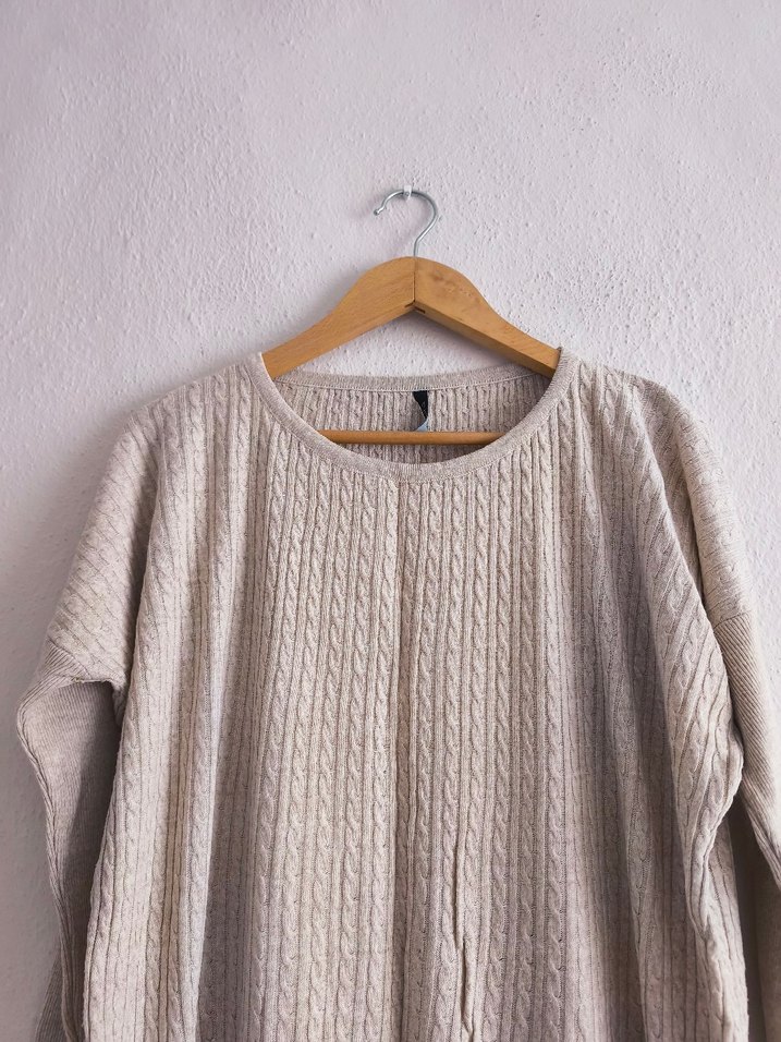 örgü desenli Bej Uzun Kollu Triko Kadın Elbise - Görsel 3