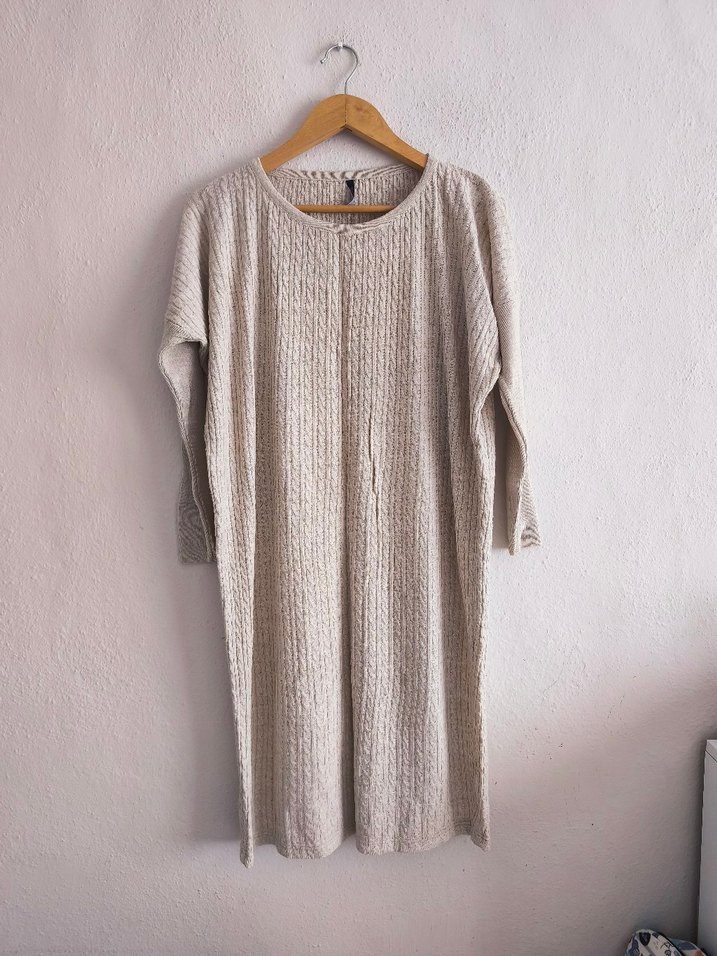 örgü desenli Bej Uzun Kollu Triko Kadın Elbise - Görsel 2