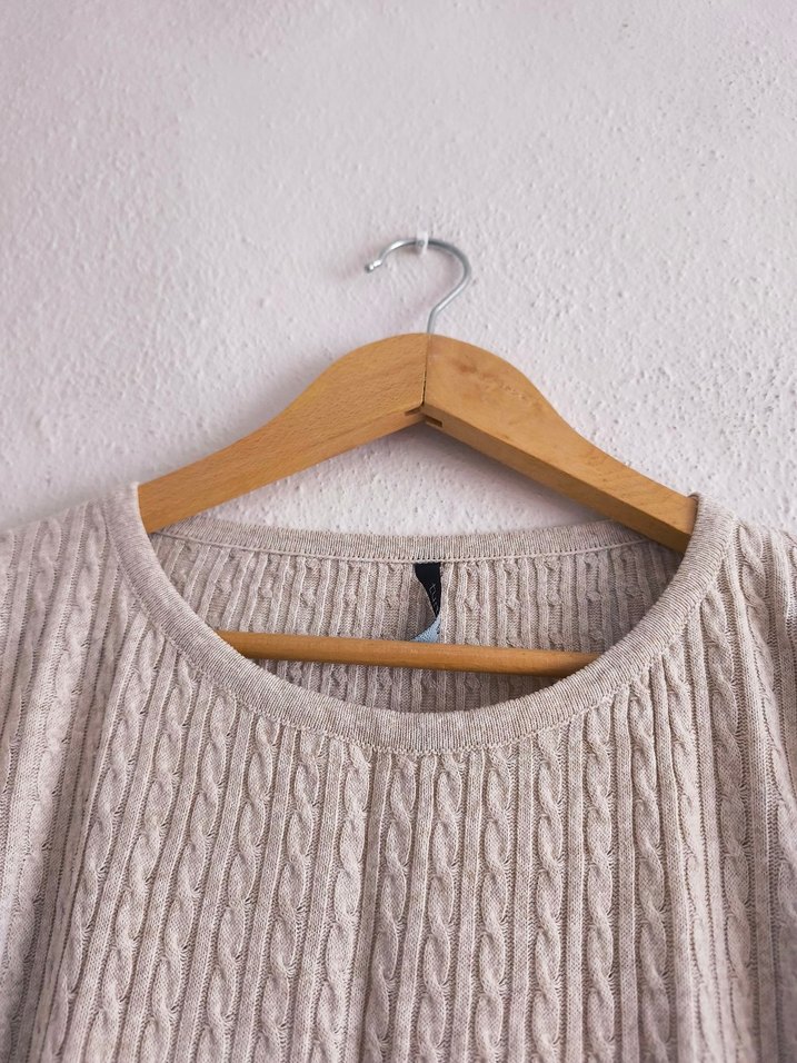 örgü desenli Bej Uzun Kollu Triko Kadın Elbise - Görsel 4