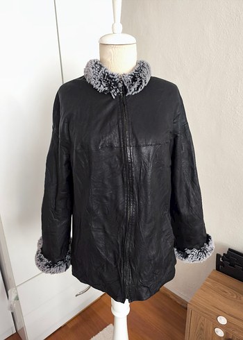 Gri Kürklü Siyah Deri Kadın Ceket - Görsel 2