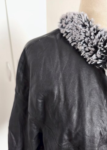 Gri Kürklü Siyah Deri Kadın Ceket - Görsel 6