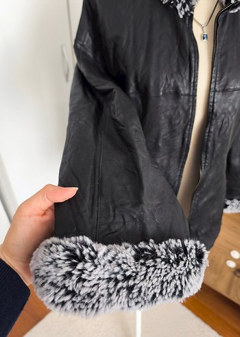 Gri Kürklü Siyah Deri Kadın Ceket - Görsel 5