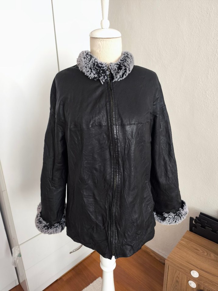 Gri Kürklü Siyah Deri Kadın Ceket - Görsel 2