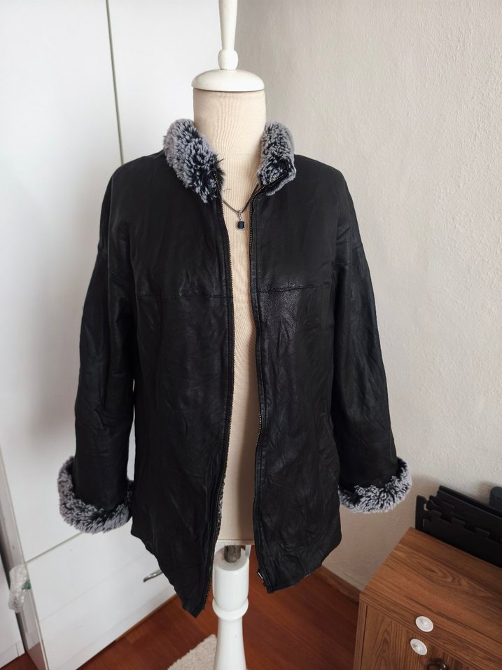 Gri Kürklü Siyah Deri Kadın Ceket - Görsel 3