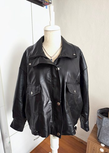 BARRELS AND OİL oversize Siyah Yüksek Yakalı Deri Kadın Ceket - Görsel 2