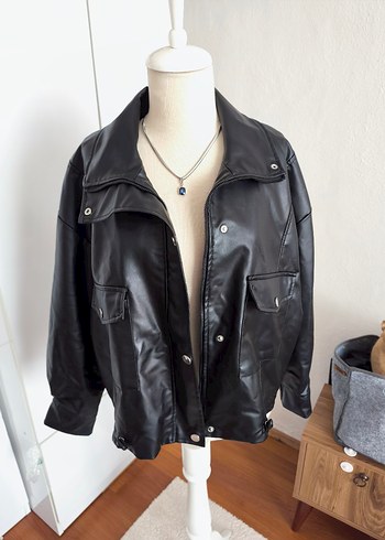 BARRELS AND OİL oversize Siyah Yüksek Yakalı Deri Kadın Ceket - Görsel 6