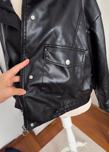 BARRELS AND OİL oversize Siyah Yüksek Yakalı Deri Kadın Ceket - Görsel 7