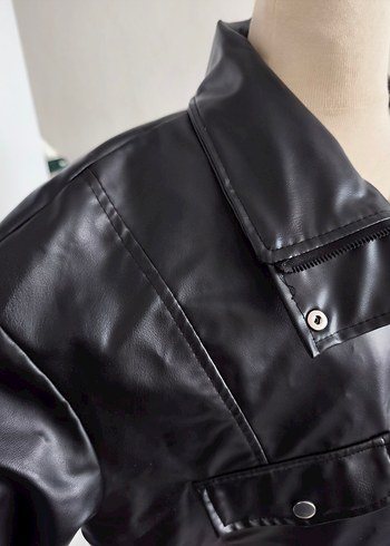 BARRELS AND OİL oversize Siyah Yüksek Yakalı Deri Kadın Ceket - Görsel 4