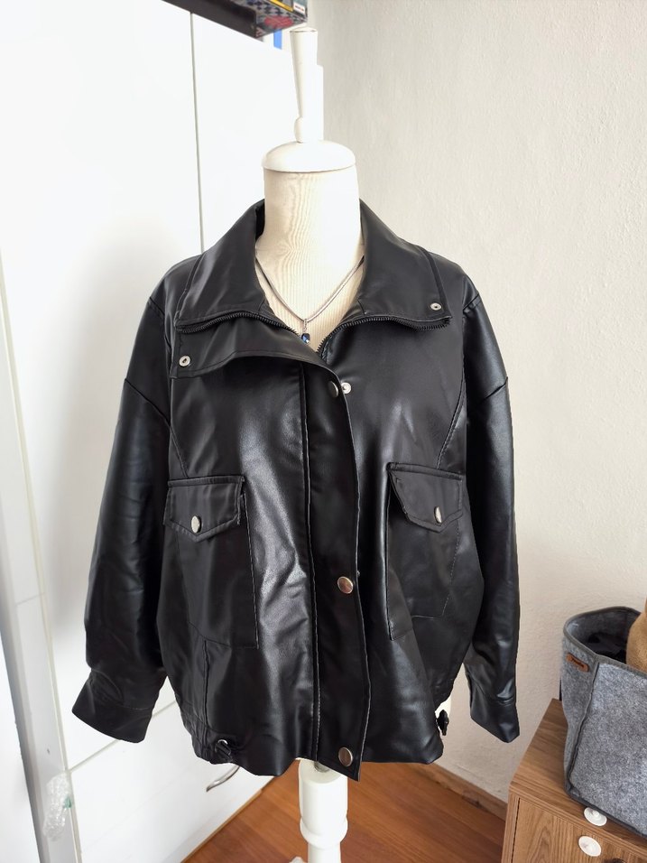 BARRELS AND OİL oversize Siyah Yüksek Yakalı Deri Kadın Ceket - Görsel 2