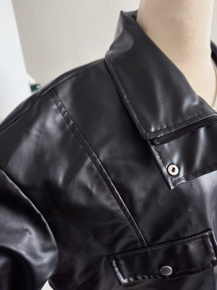 BARRELS AND OİL oversize Siyah Yüksek Yakalı Deri Kadın Ceket - Görsel 4