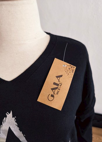 etiketli önü baskılı pamuklu triko kazak - Görsel 5