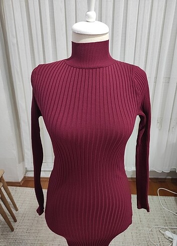 s Beden bordo Renk sıfır midi triko fitilli elbise yırtmaçlı