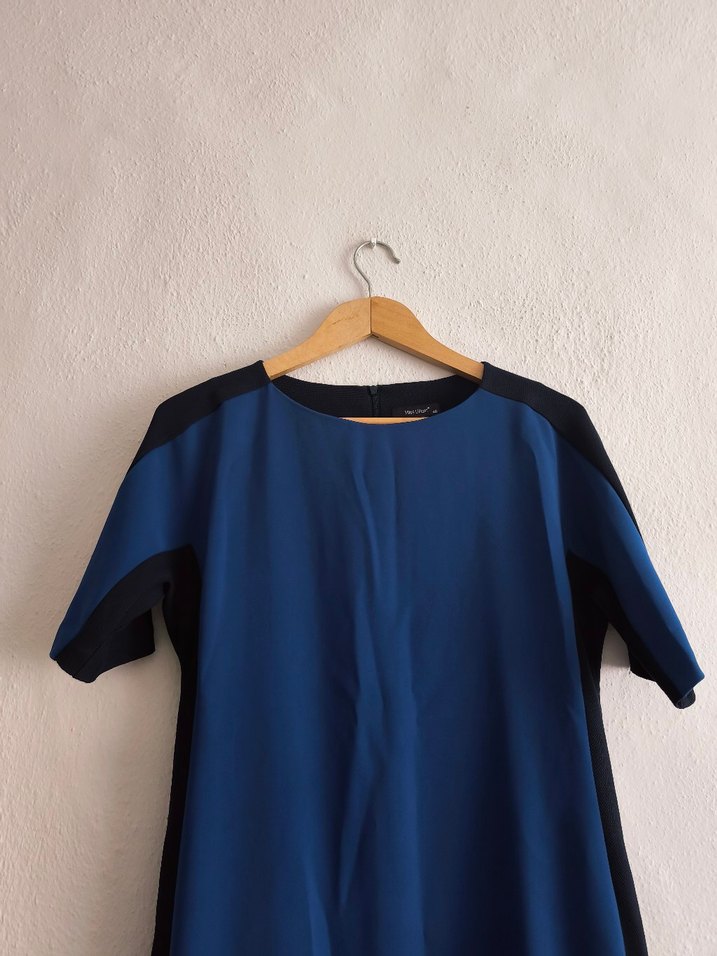 Mavi Siyah Kısa Kollu Midi Elbise - Görsel 2