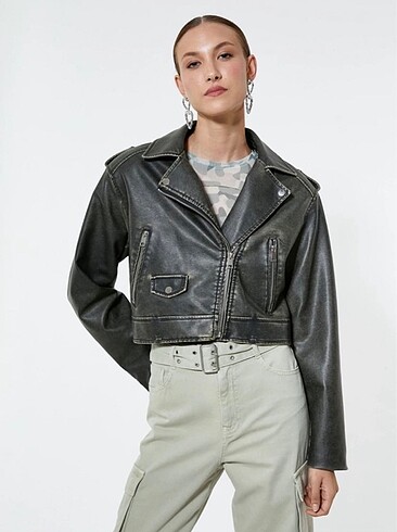 Koton Koton Crop Haki Deri Ceket S