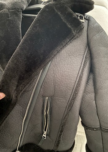 Stradivarius Kürklü Siyah Deri Biker Ceket
