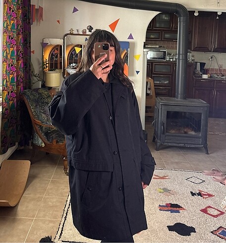 xl Beden siyah Renk Vintage coton trençkot