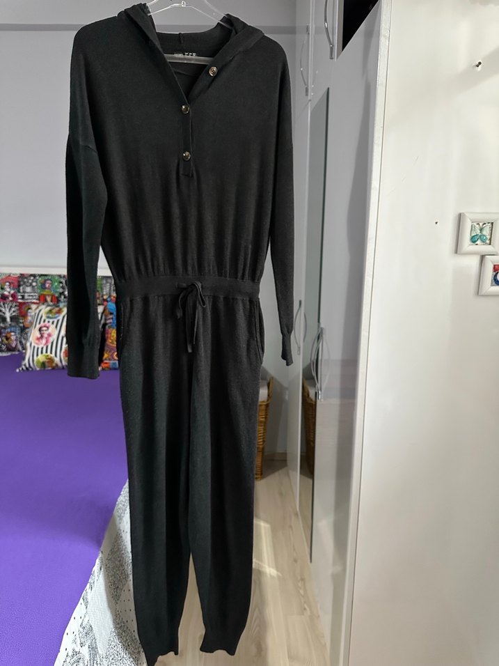 Kadın Siyah Düğmeli Uzun Kol Tulum - Görsel 4