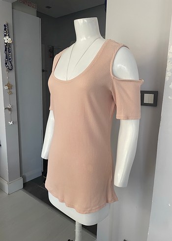 H&M Bej Omuz Dekolteli Kısa Kollu Bluz