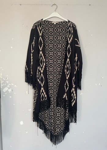 40 Beden siyah Renk Püsküllü Siyah Bohem Uzun Kimono