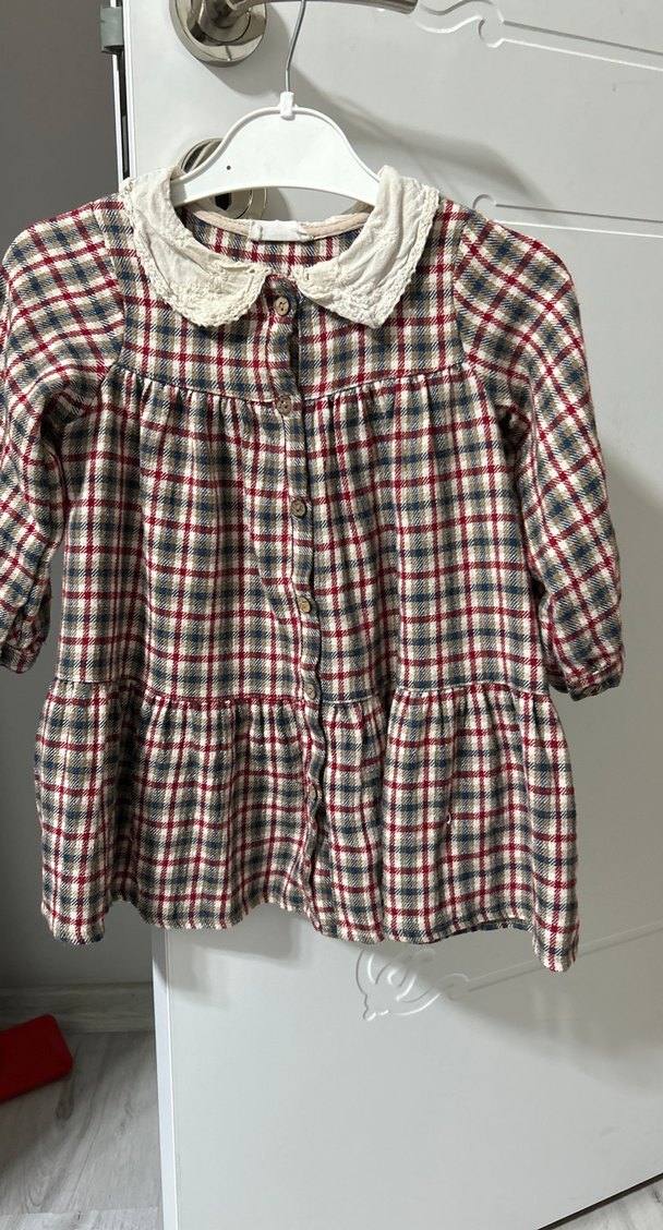 Bordo Ekose Desenli Uzun Kollu Kız Elbisesi 1,5 yaş - Görsel 2