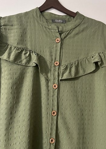 Kadın Haki Uzun Keten Nakışlı Tunik - Görsel 5