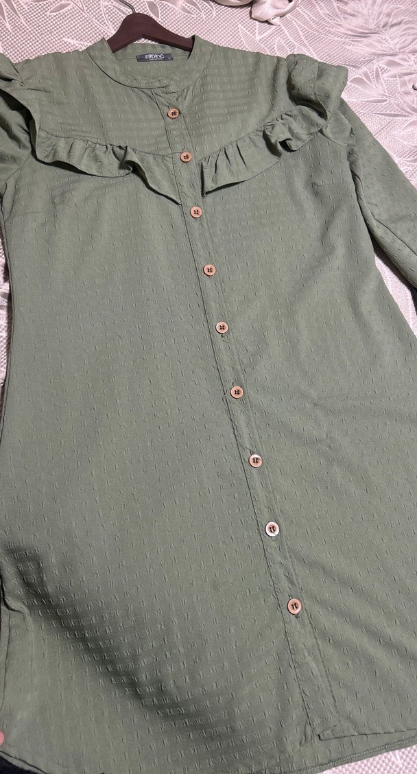 Kadın Haki Uzun Keten Nakışlı Tunik - Görsel 4