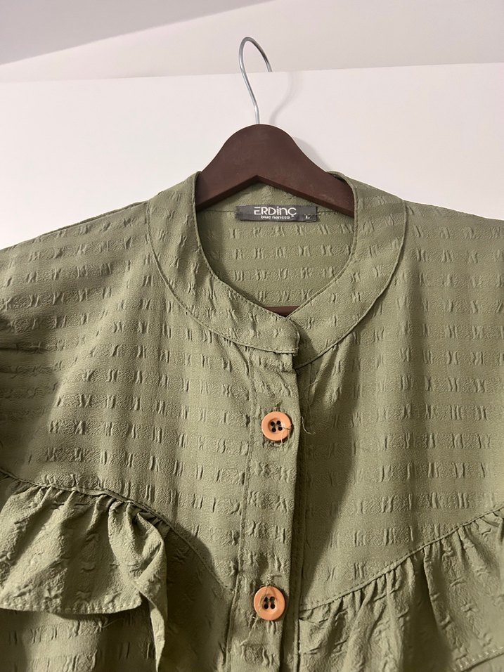 Kadın Haki Uzun Keten Nakışlı Tunik - Görsel 2