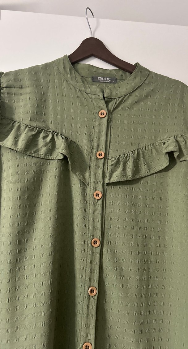 Kadın Haki Uzun Keten Nakışlı Tunik - Görsel 5