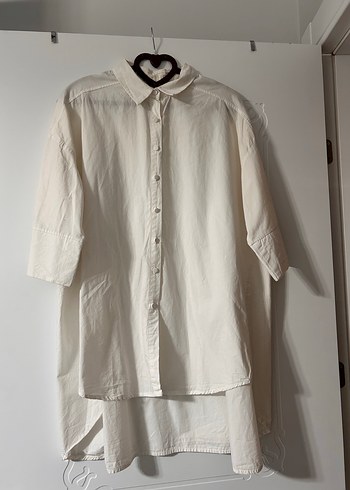 Beyaz Keten Düğmeli Kadın Gömlek - Görsel 2