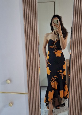 Sarı Siyah Straplez Uzun Elbise - Görsel 4