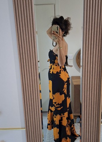 Sarı Siyah Straplez Uzun Elbise - Görsel 5