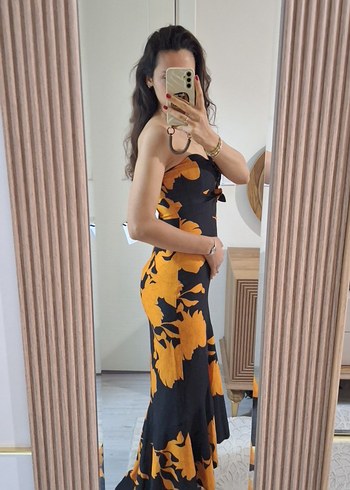 Sarı Siyah Straplez Uzun Elbise - Görsel 3